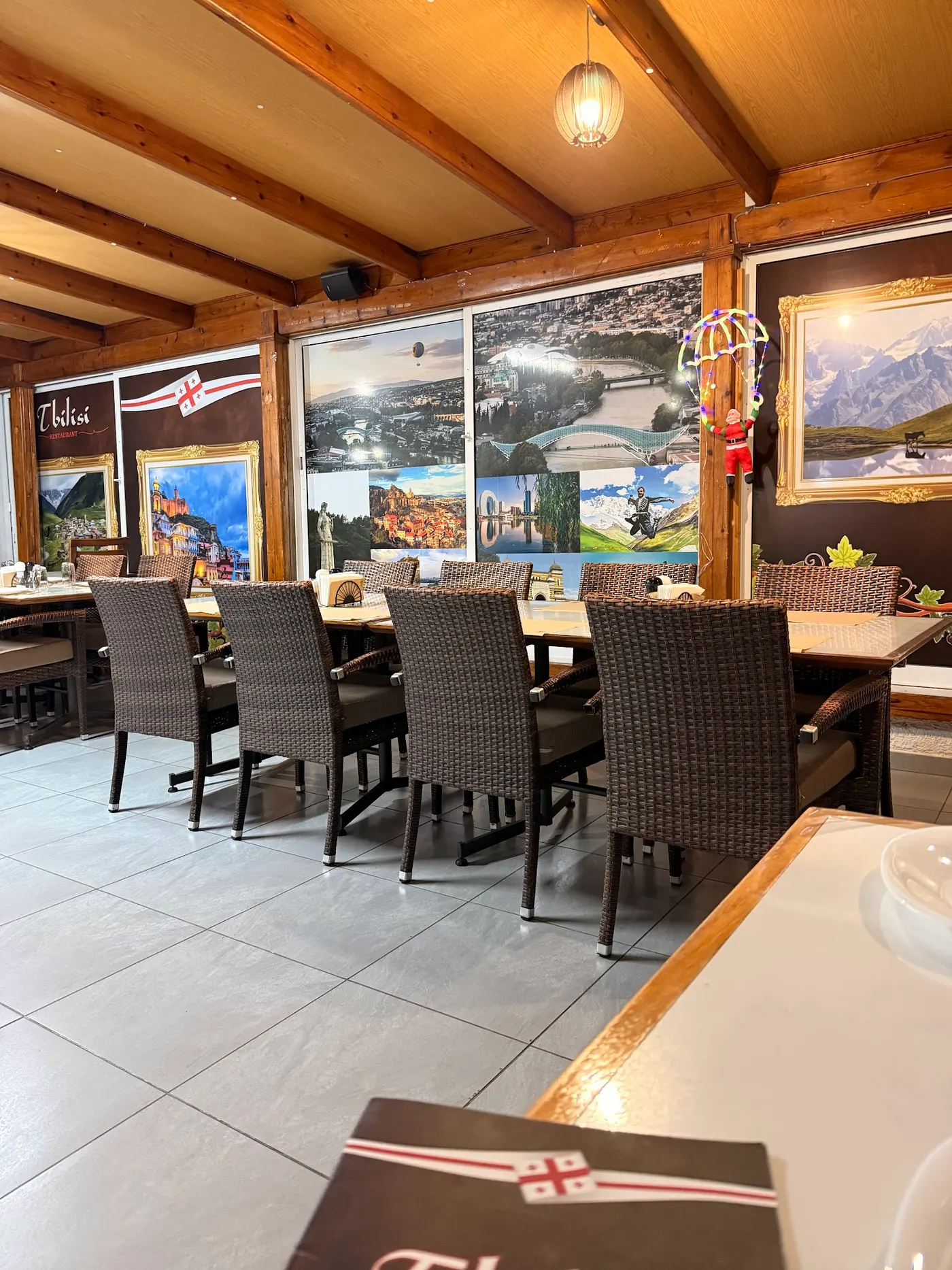 The dining room with pictures of Georgia on the walls